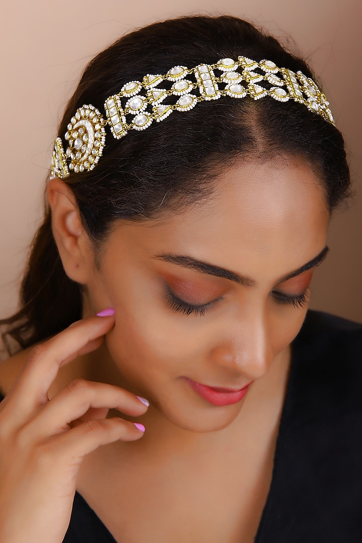 Gold Finish Kundan Polki Mathapatti by Just Jewellery at Pernia's Pop Up Shop