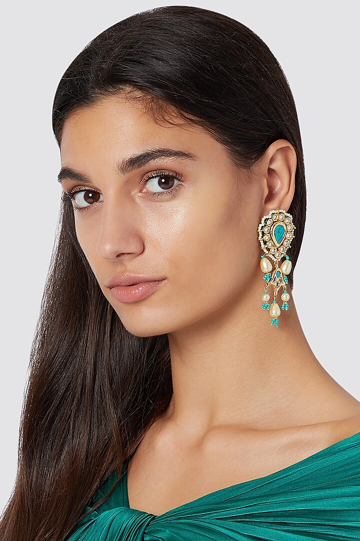 Gold Finish Turquoise Stone Earrings by Just Jewellery