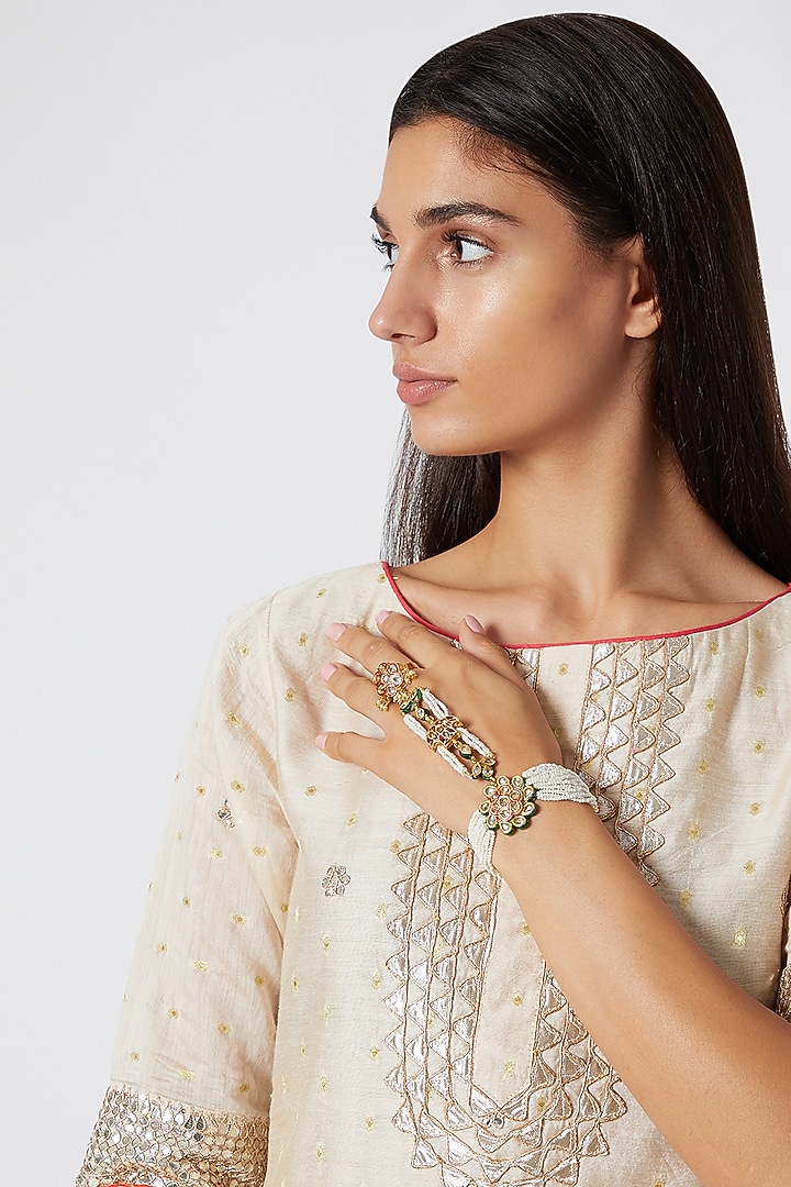 Gold Finish Pearl Ring Hathphool by Just Jewellery at Pernia's Pop Up Shop