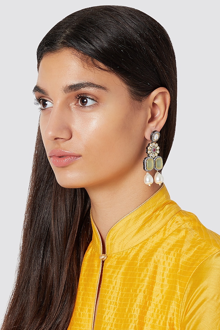 Gold Finish Green Stone Earrings by Just Jewellery