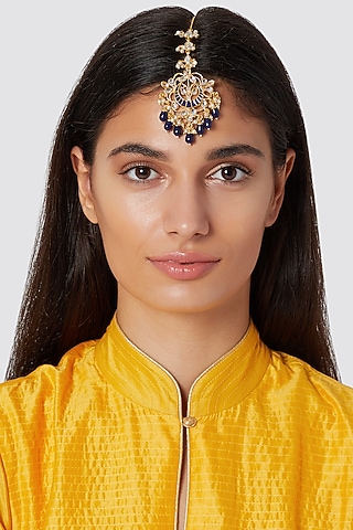 Gold Finish Blue Drop Maang Tikka by Just Jewellery