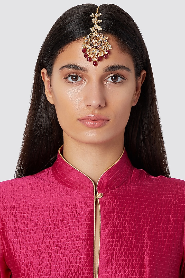 Gold Finish Red Drop Maang Tikka by Just Jewellery