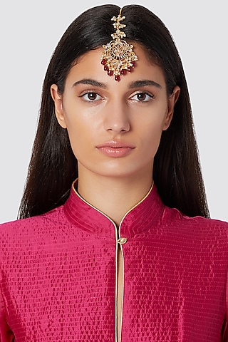 Gold Finish Red Drop Maang Tikka by Just Jewellery