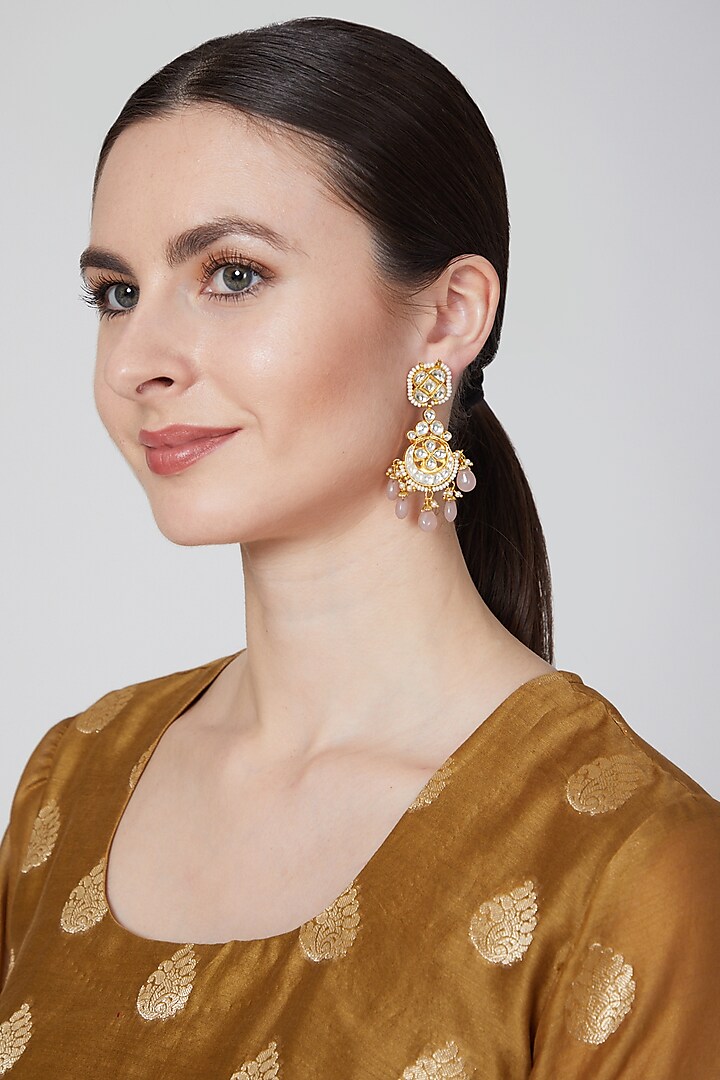Gold Plated Pink Quartz Earrings by Just Jewellery