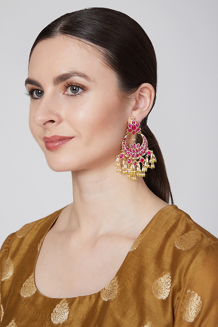 Gold Plated Rani Pink Stone Earrings by Just Jewellery