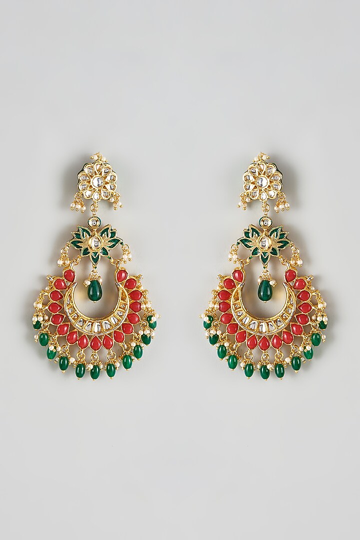 Gold Finish Kundan Polki Chandbali Earrings by Just Jewellery at Pernia's Pop Up Shop