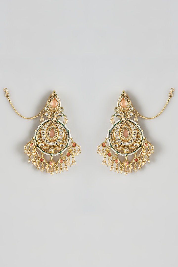 Gold Finish Rose Quartz Stone Chandbaali Earrings by Just Jewellery at Pernia's Pop Up Shop