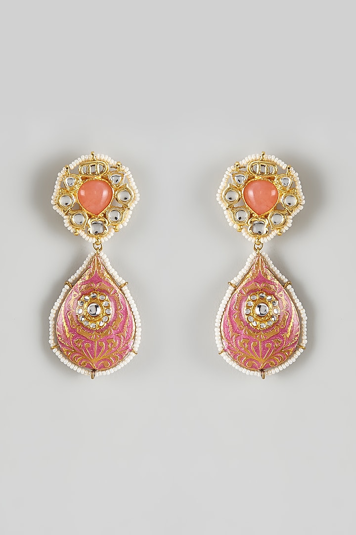 Gold Finish Kundan Polki Meenakari Dangler Earrings by Just Jewellery at Pernia's Pop Up Shop