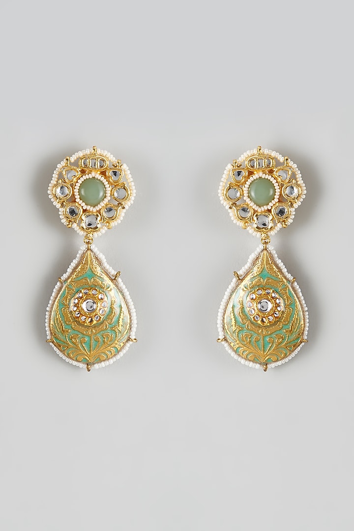 Gold Finish Kundan Polki Meenakari Chandbali Earrings by Just Jewellery at Pernia's Pop Up Shop