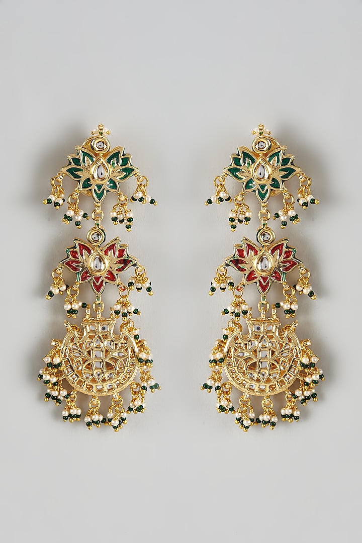 Gold Finish Kundan Polki Meenakari Dangler Earrings by Just Jewellery at Pernia's Pop Up Shop