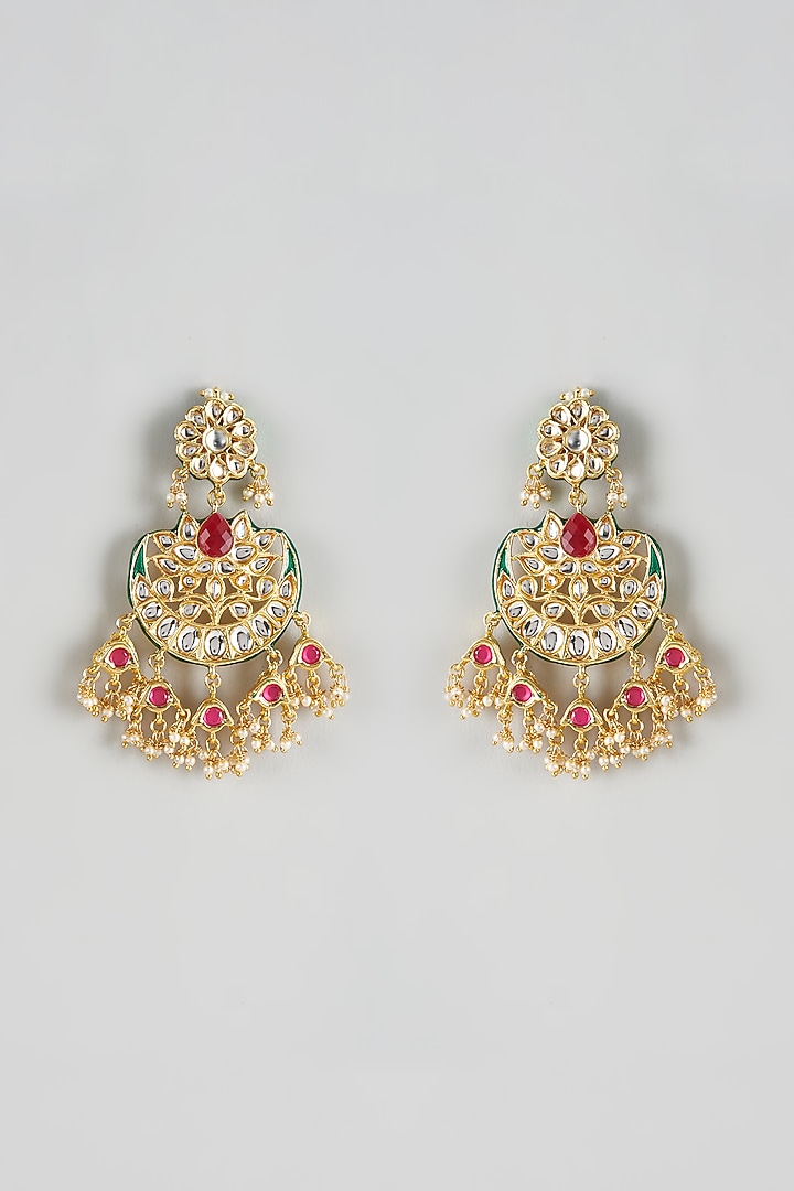 Gold Finish Red Kundan Polki Chandbali Earrings by Just Jewellery at Pernia's Pop Up Shop