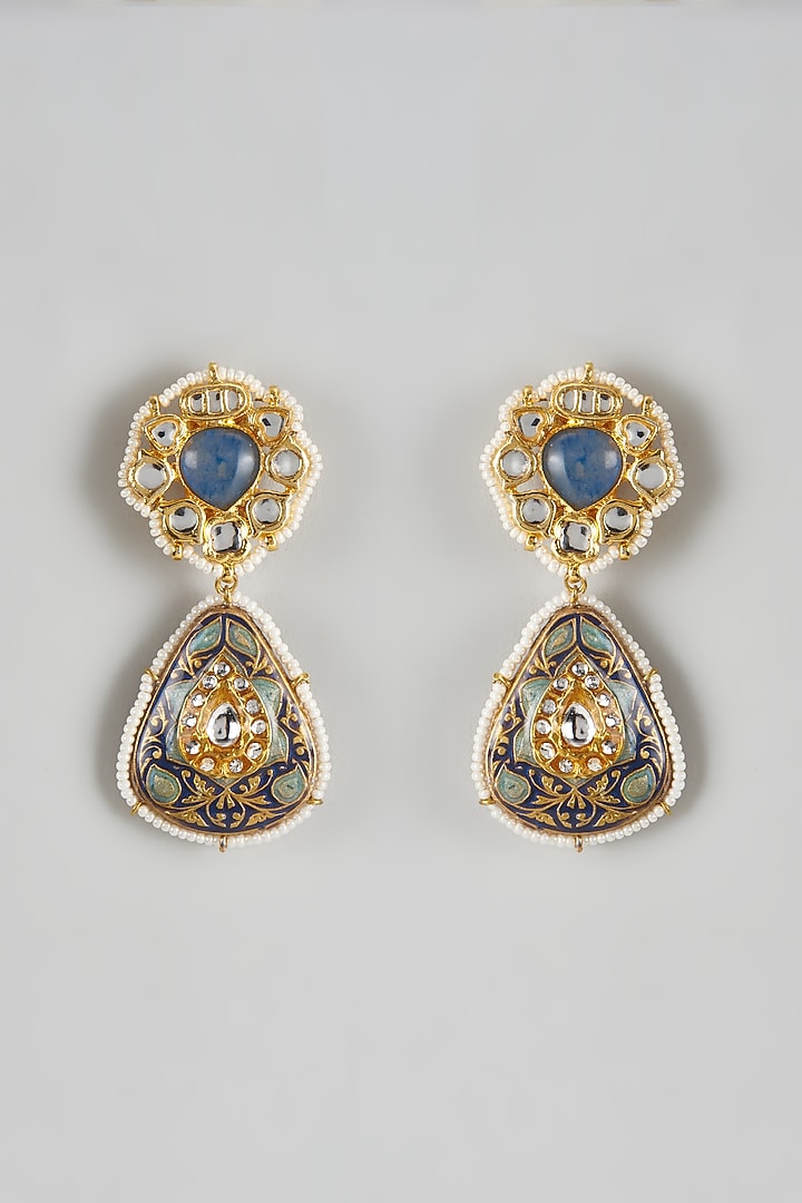 Gold Finish Kundan Polki Meenakari Dangler Earrings by Just Jewellery at Pernia's Pop Up Shop