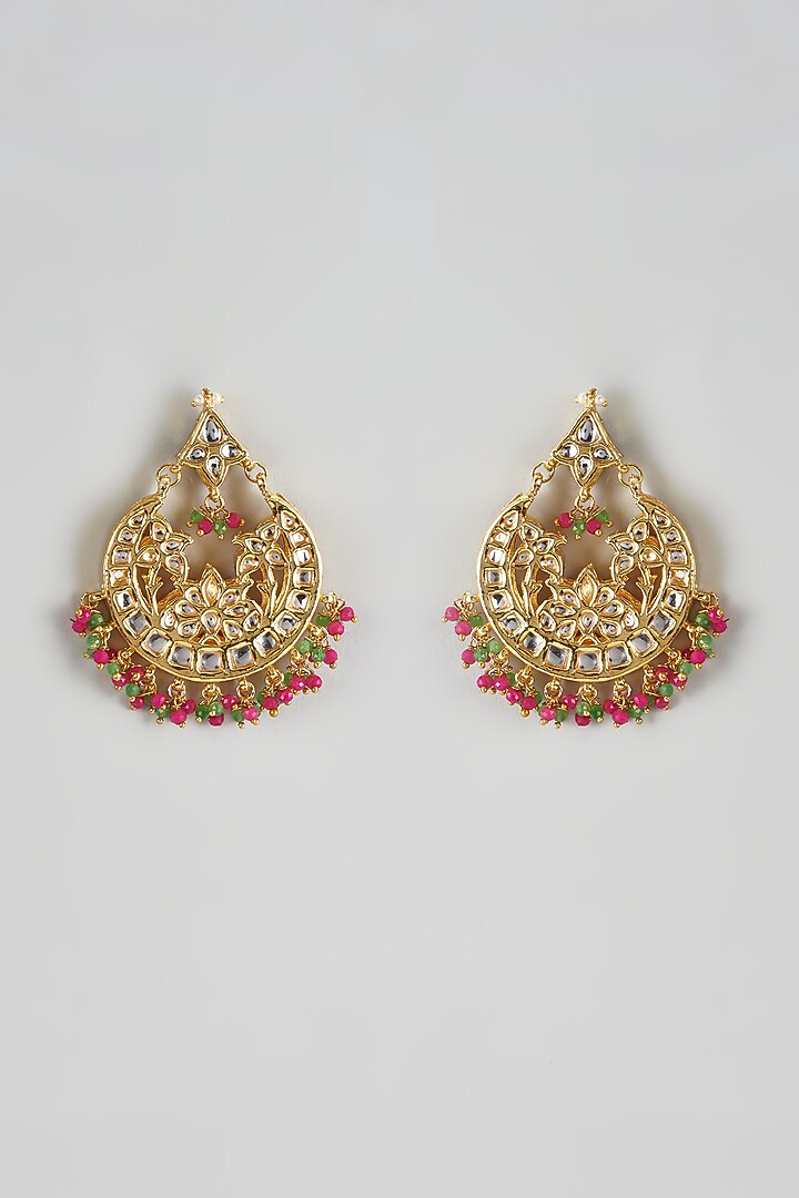 Gold Finish Kundan Polki & Beaded Drop Chandbaali Earrings by Just Jewellery at Pernia's Pop Up Shop