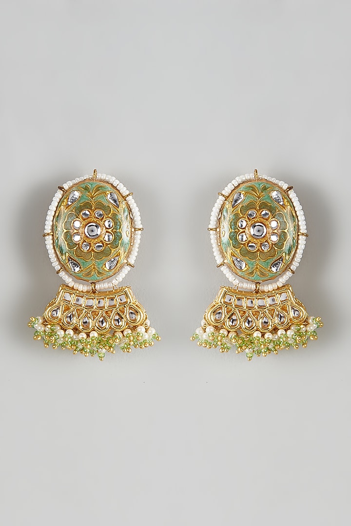 Gold Finish Kundan Polki Meenakari Dangler Earrings by Just Jewellery at Pernia's Pop Up Shop