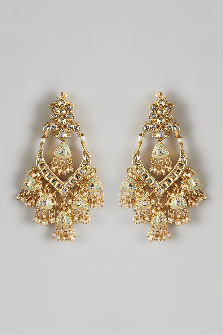 Gold Finish Kundan Polki Meenakari Chandbaali Earrings by Just Jewellery at Pernia's Pop Up Shop