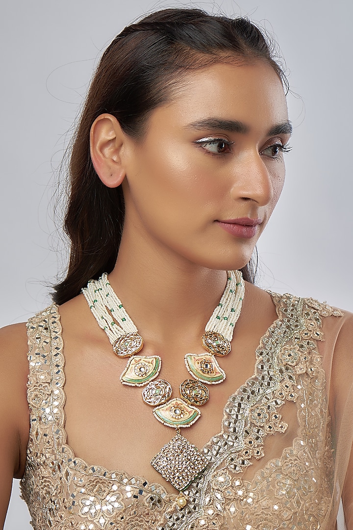 Gold Finish Pearl & Kundan Polki Meenakari Long Necklace by Just Jewellery