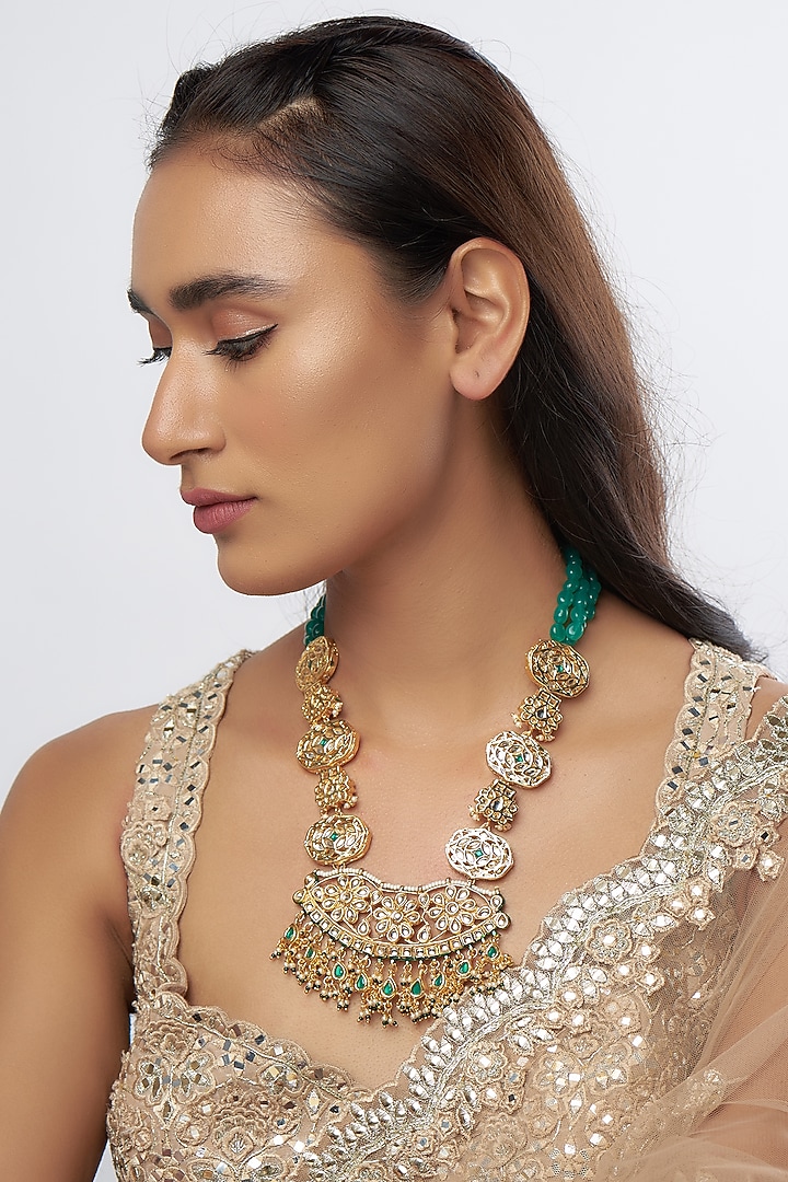 Gold Finish Pearl & Kundan Polki Meenakari Long Necklace by Just Jewellery at Pernia's Pop Up Shop