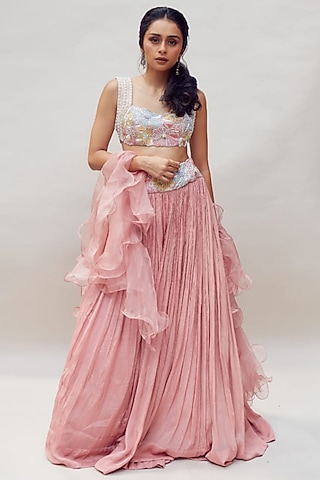 Mauve Chinon Chiffon Embroidered Lehenga Set by Anu Pellakuru
