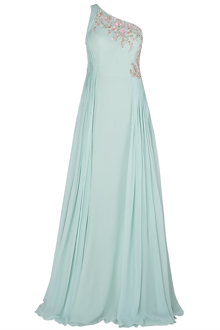 Mint green side pleated one shoulder embroidered gown available only at ...