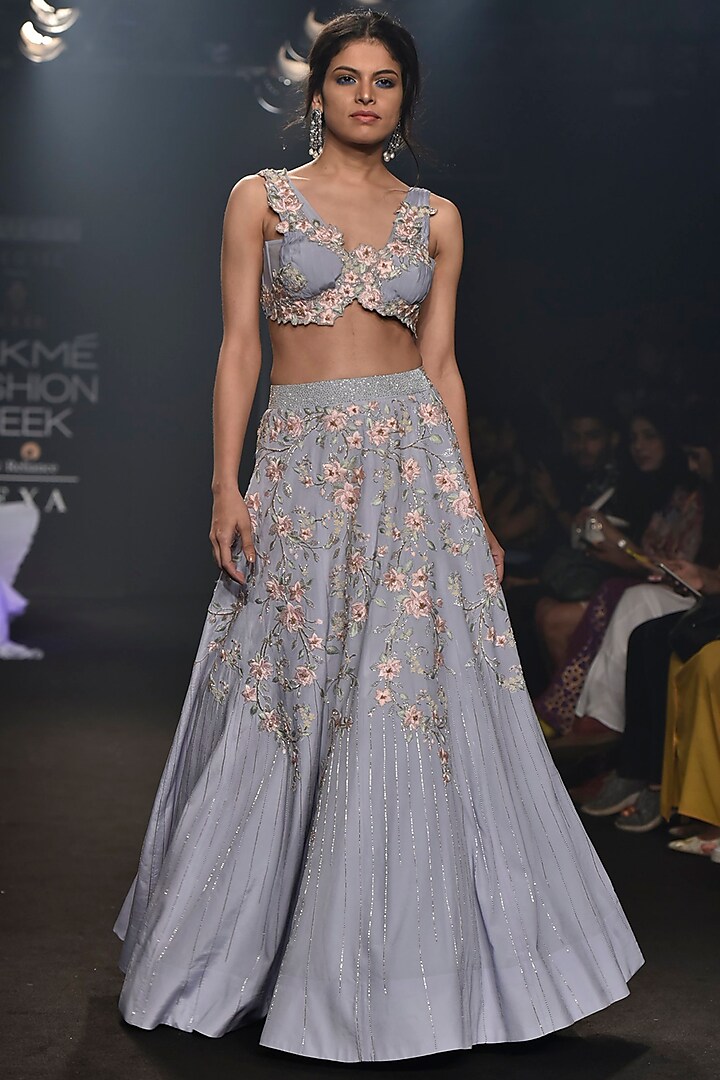 Blue Embroidered Lehenga Skirt with Corset Blouse by Julie by Julie Shah