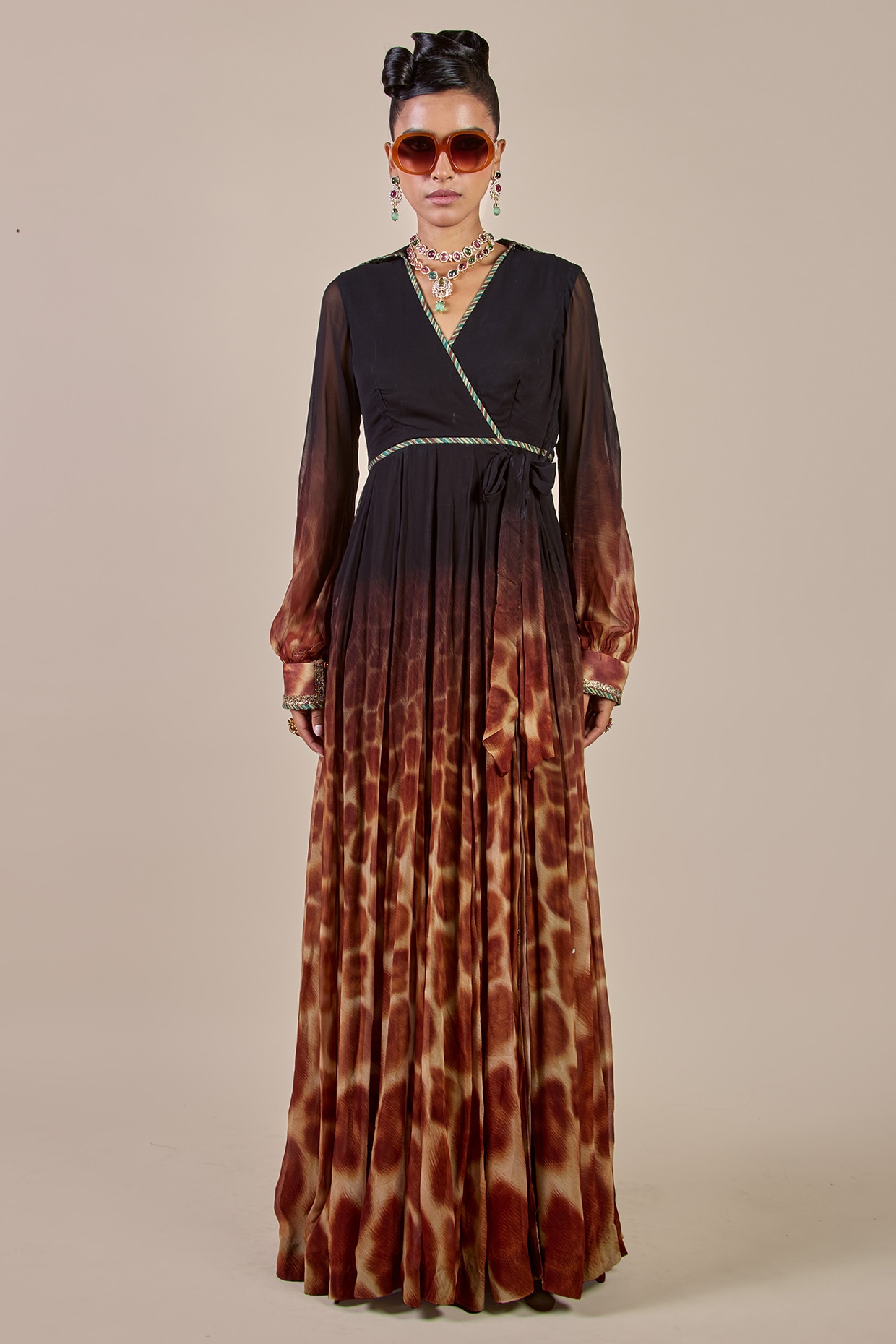 JJV.Kapurthala By JJ Valaya Black & Brown Viscose Georgette Ombre Printed Anarkali