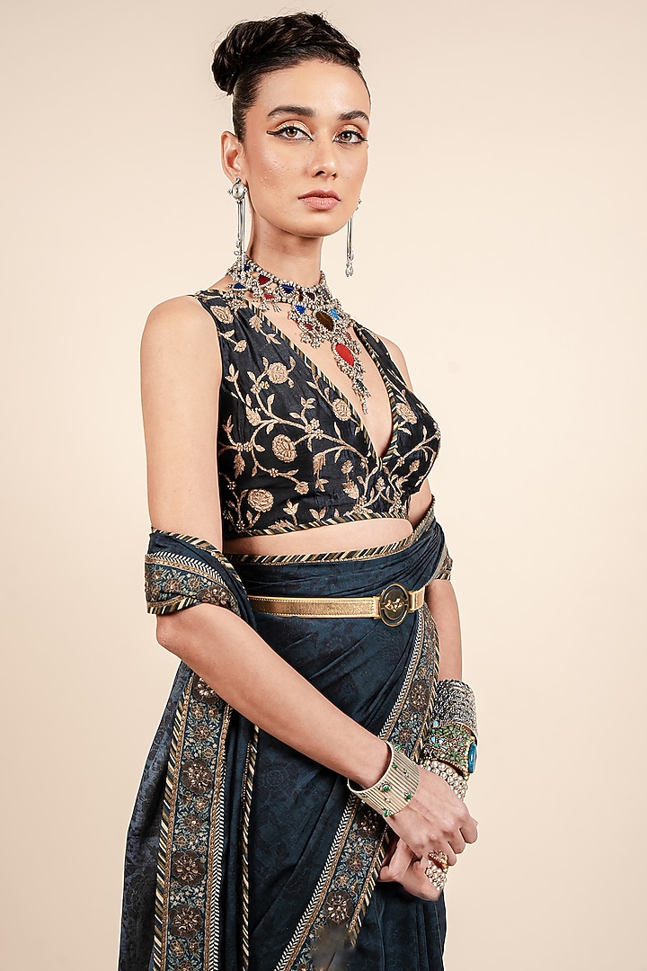 Dark Blue Tencel Luxe Printed Wedding Saree Set by JJV.Kapurthala By JJ Valaya at Pernia's Pop Up Shop