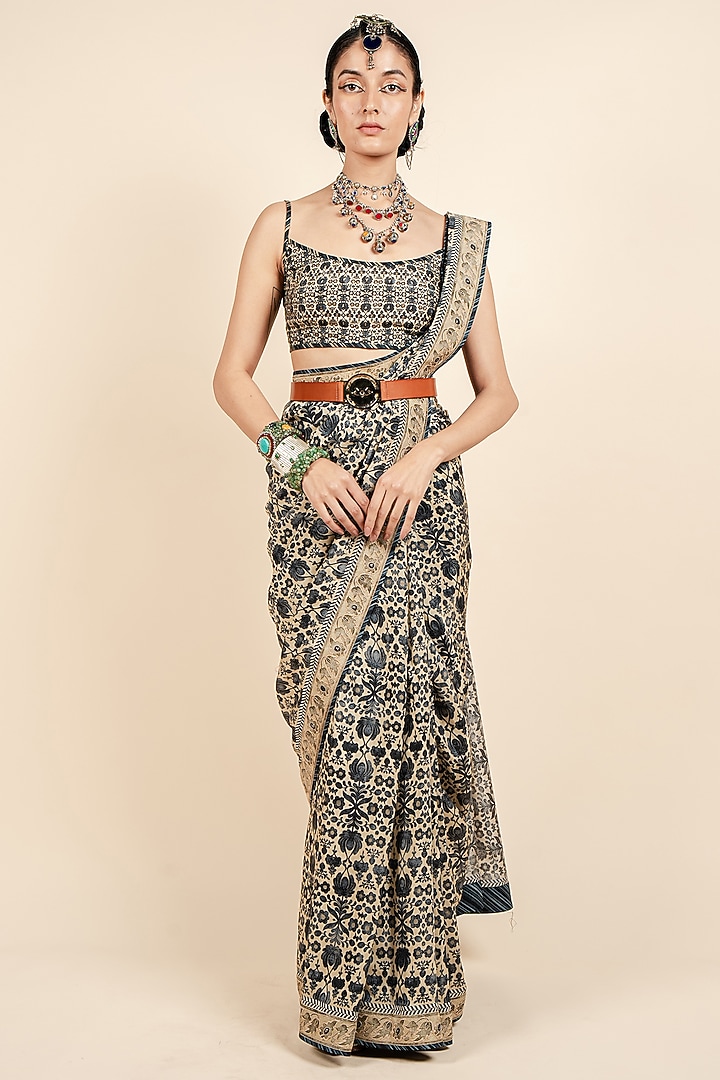 Beige & Dark Blue Tencel Luxe Printed Wedding Saree Set by JJV.Kapurthala By JJ Valaya at Pernia's Pop Up Shop