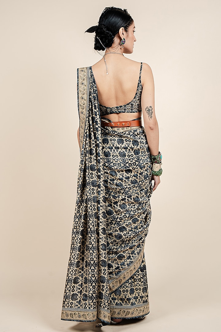 Beige & Dark Blue Tencel Luxe Printed Wedding Saree Set by JJV.Kapurthala By JJ Valaya at Pernia's Pop Up Shop