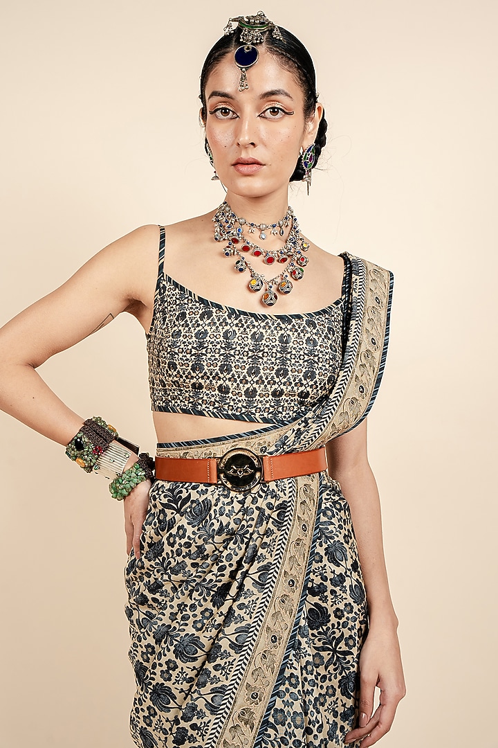 Beige & Dark Blue Tencel Luxe Printed Wedding Saree Set by JJV.Kapurthala By JJ Valaya at Pernia's Pop Up Shop