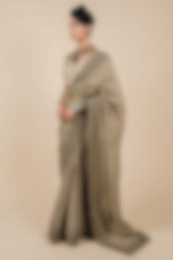 Beige Tencel Luxe Printed & Embroidered Wedding Saree Set by JJV.Kapurthala By JJ Valaya at Pernia's Pop Up Shop