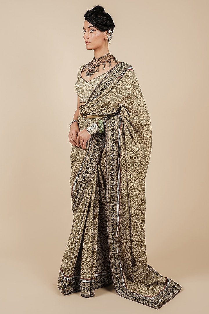 Beige Tencel Luxe Printed & Embroidered Wedding Saree Set by JJV.Kapurthala By JJ Valaya at Pernia's Pop Up Shop