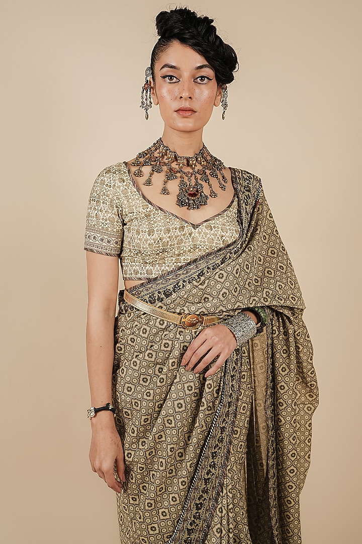 Beige Tencel Luxe Printed & Embroidered Wedding Saree Set by JJV.Kapurthala By JJ Valaya at Pernia's Pop Up Shop