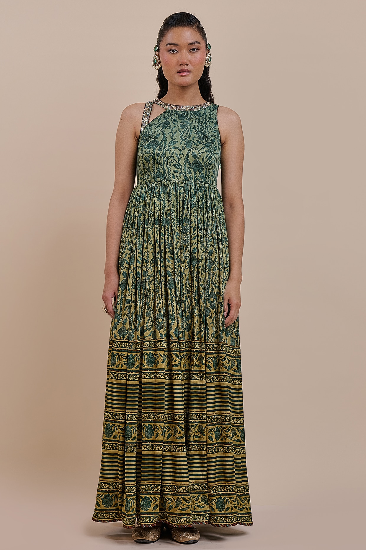 JJV.Kapurthala By JJ Valaya Emerald Green Viscose Ombre Embroidered Maxi Dress