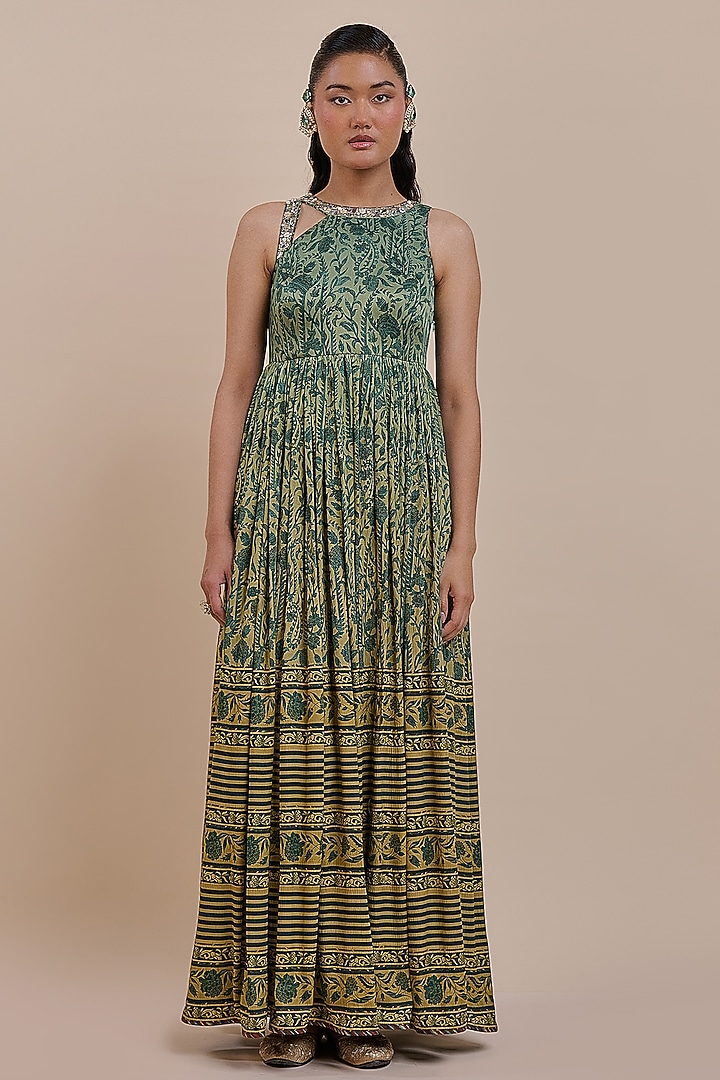 Emerald Green Viscose Ombre Embroidered Maxi Party Wear Dress by JJV.Kapurthala By JJ Valaya at Pernia's Pop Up Shop