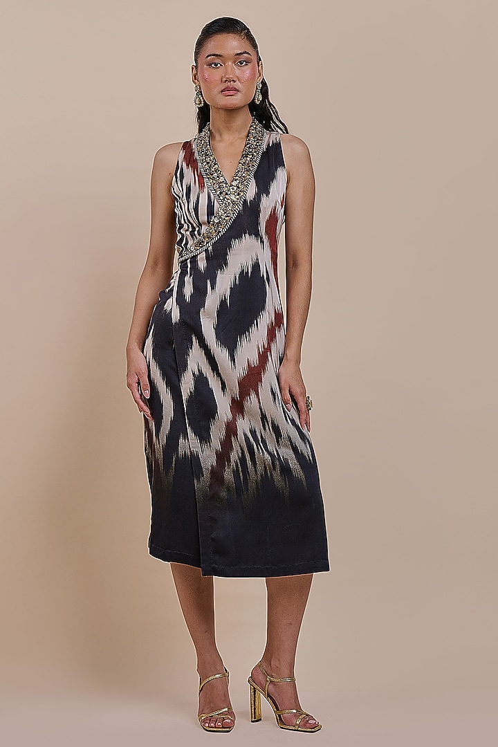 Black & Ivory Cotton Satin Linen Beadwork Maxi Cocktail Dress by JJV.Kapurthala By JJ Valaya at Pernia's Pop Up Shop