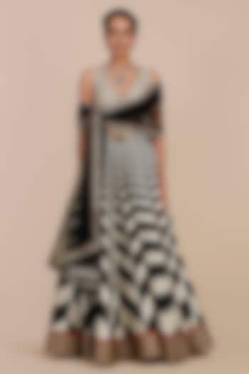 Black & Ivory Synthetic Silk Chevron Printed Skirt Set by JJV.Kapurthala By JJ Valaya at Pernia's Pop Up Shop