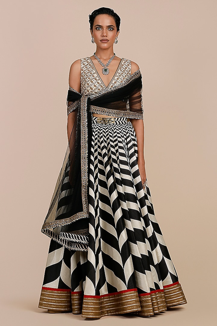 Black & Ivory Synthetic Silk Chevron Printed Skirt Set by JJV.Kapurthala By JJ Valaya at Pernia's Pop Up Shop