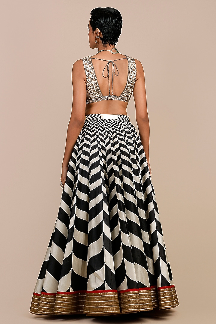 Black & Ivory Synthetic Silk Chevron Printed Skirt Set by JJV.Kapurthala By JJ Valaya at Pernia's Pop Up Shop