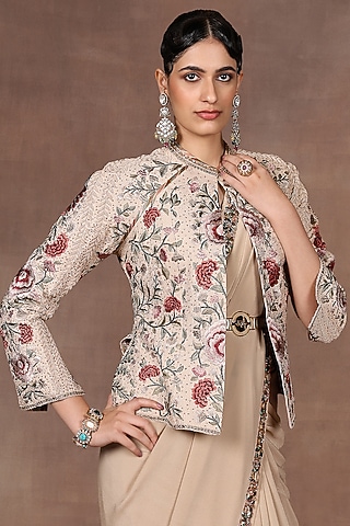 Soft Pink Silk Resham Embroidered Jacket by JJ Valaya