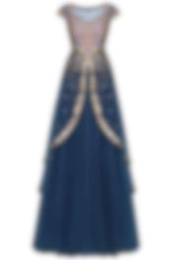 Blue Double Layered Chevron Pattern Hand Embroidered Gown by JJ Valaya