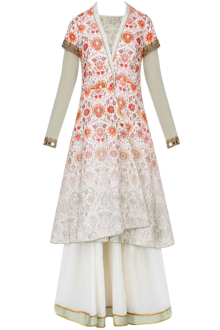 Green And White Kalidaar Anarkali Set With Floral Printed Overlap Jacket by JJ Valaya