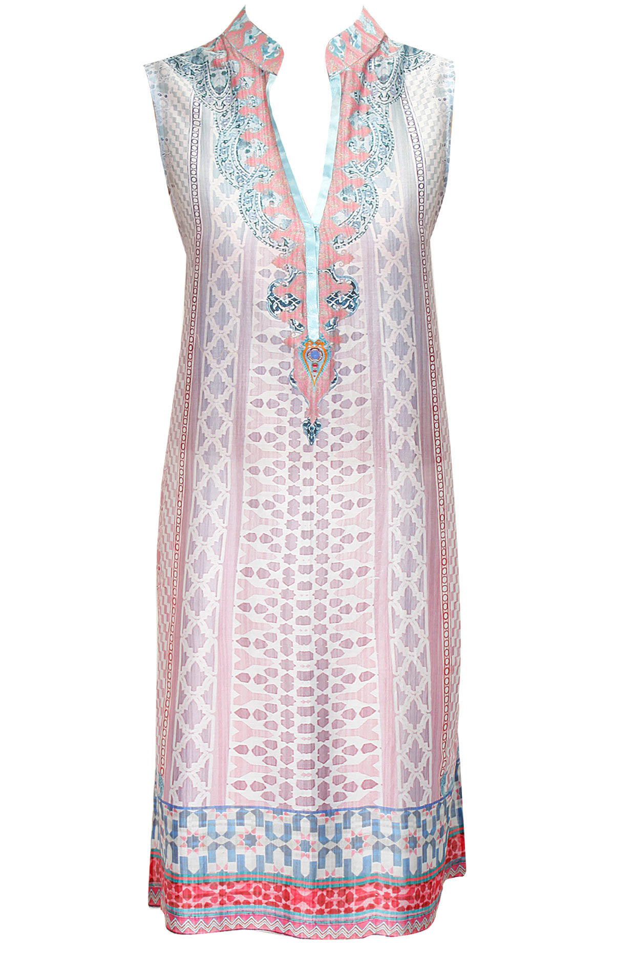 Blue and dusky rose digitally printed mandarin collar tunic available only at Pernia's Pop-Up Shop.