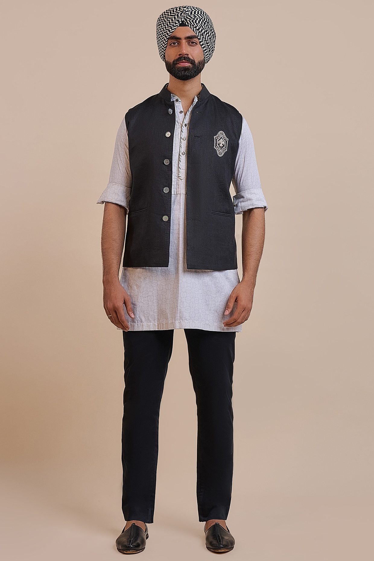 JJV.Kapurthala By JJ Valaya Black Linen Nehru Jacket