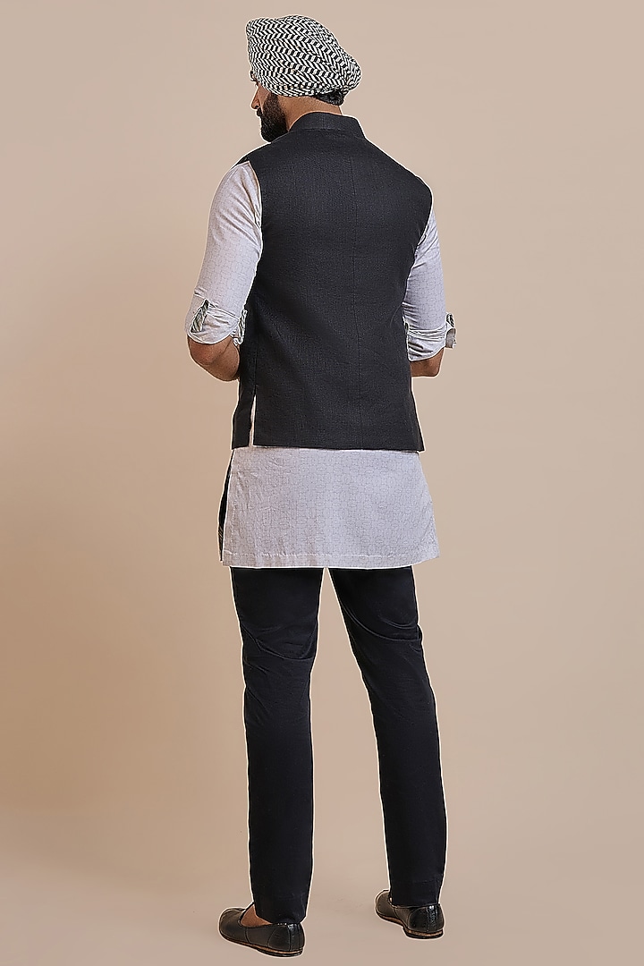 Black Linen Nehru Jacket by JJV.Kapurthala By JJ Valaya Men at Pernia's Pop Up Shop