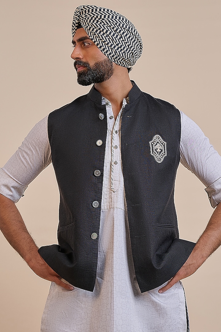 Black Linen Nehru Jacket by JJV.Kapurthala By JJ Valaya Men at Pernia's Pop Up Shop