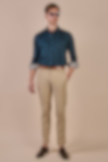 Prussian Blue Giza Cotton Floral Printed Wedding Shirt by JJV.Kapurthala By JJ Valaya Men at Pernia's Pop Up Shop