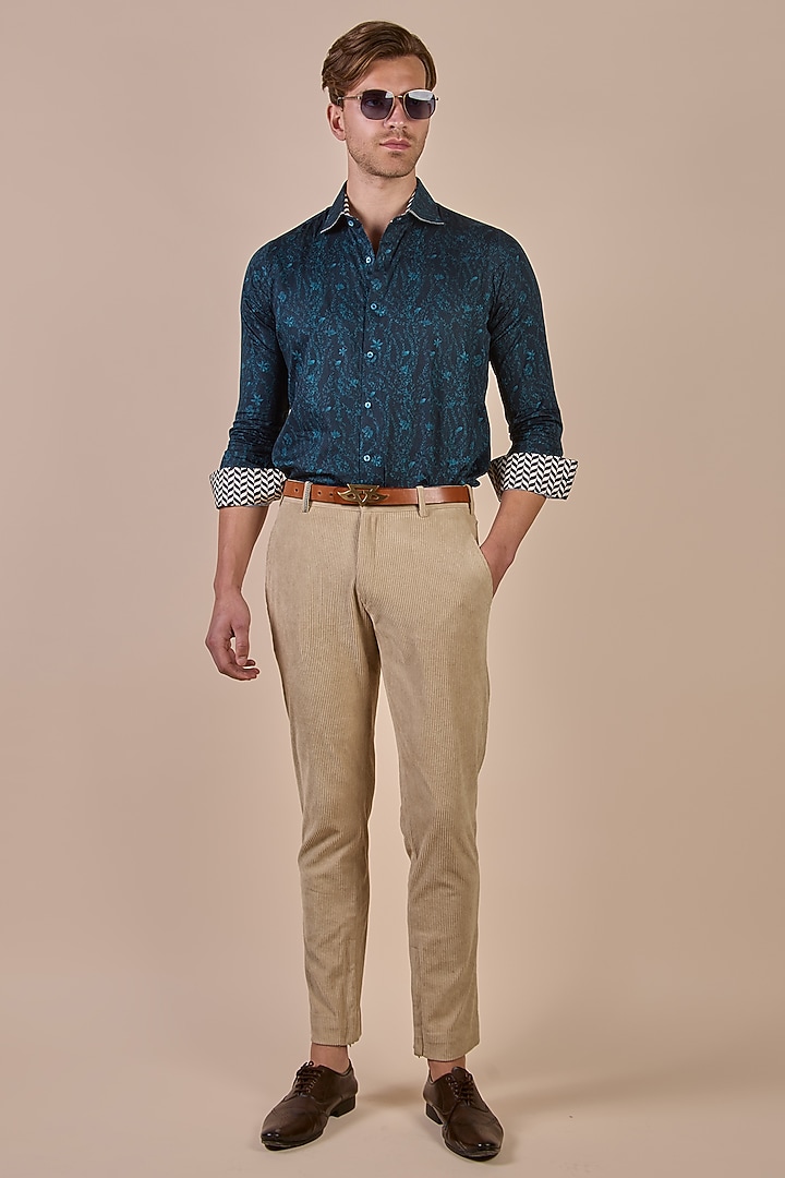 Prussian Blue Giza Cotton Floral Printed Wedding Shirt by JJV.Kapurthala By JJ Valaya Men at Pernia's Pop Up Shop