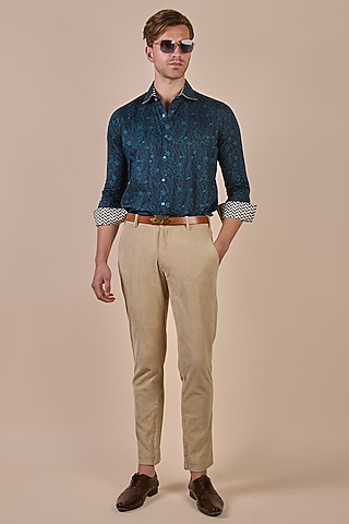 Prussian Blue Giza Cotton Floral Printed Shirt by JJV.Kapurthala By JJ Valaya Men