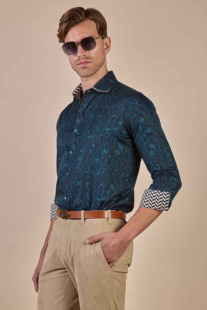 Prussian Blue Giza Cotton Floral Printed Wedding Shirt by JJV.Kapurthala By JJ Valaya Men at Pernia's Pop Up Shop