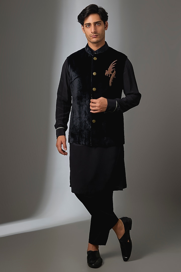 Black Silk Velvet Dabka Work Nehru Jacket Set by JJ Valaya Men at Pernia's Pop Up Shop